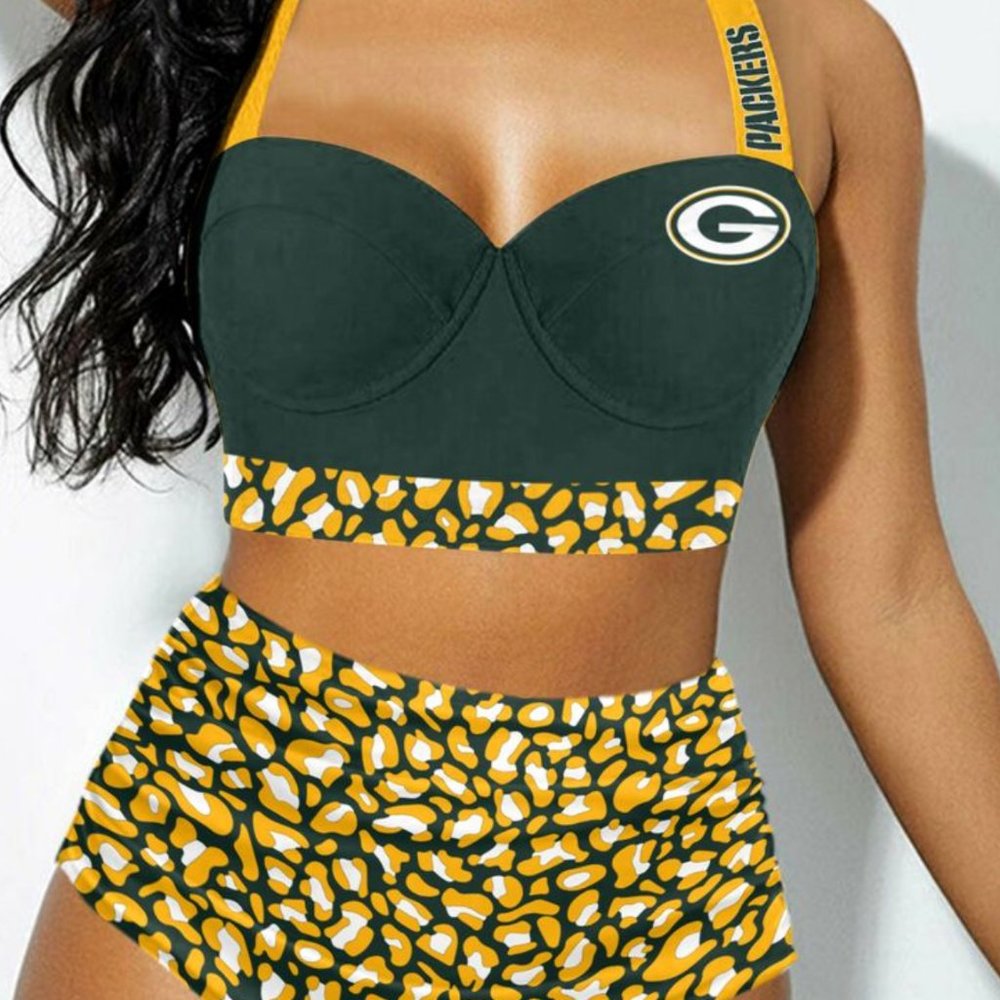 Green & Gold High-Waist Bikini Set - Team Logo Swim Top